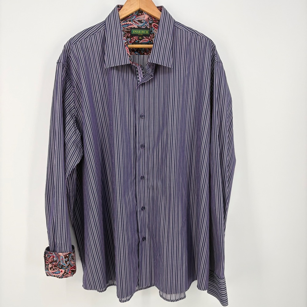 Inserch Button Down Shirt Mens 4XL Purple White Stripe Paisley Jacquard Cotton - Picture 4 of 11